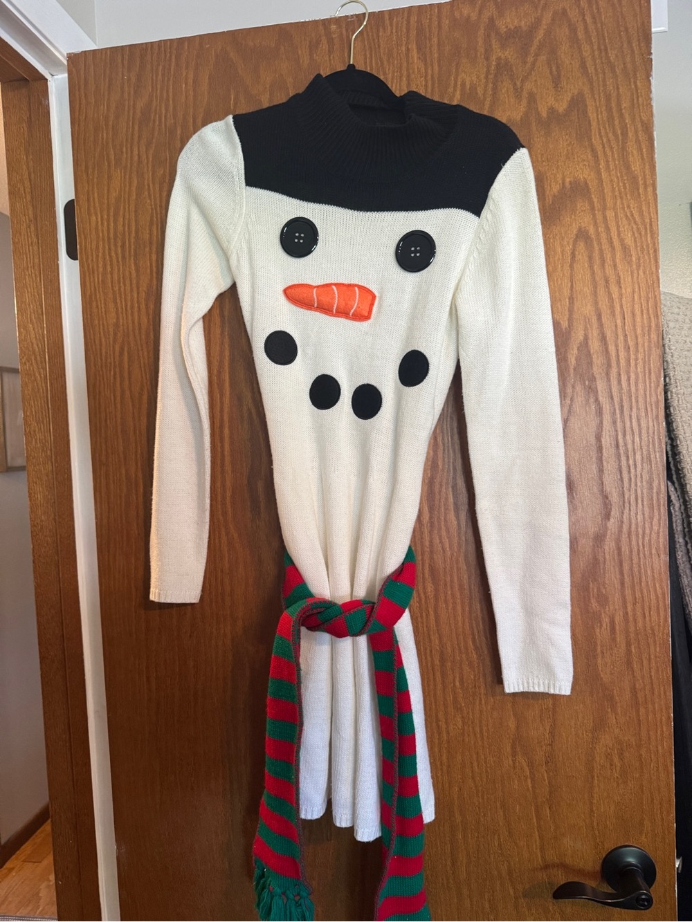 Cream and Black Snowman Sweater Dress with Red-Green Scarf